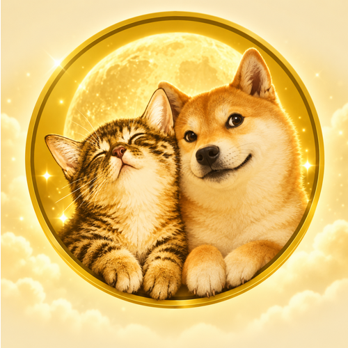 Catecoin gold medallion with Cate and Doge under the moon