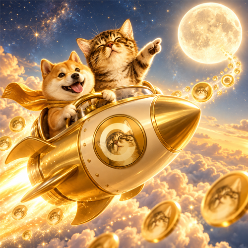 Cate and Doge riding a golden rocket toward the moon