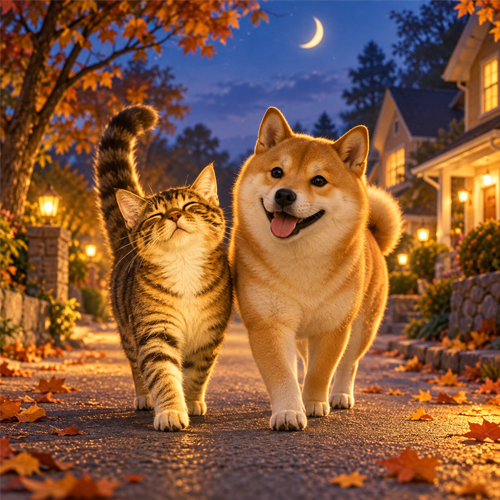 Cate and Doge walking side by side on a golden autumn street