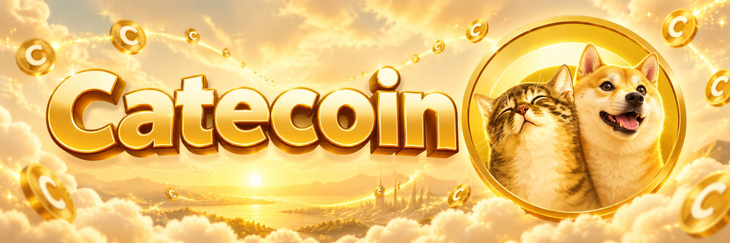 Catecoin golden banner with Cate and Doge
